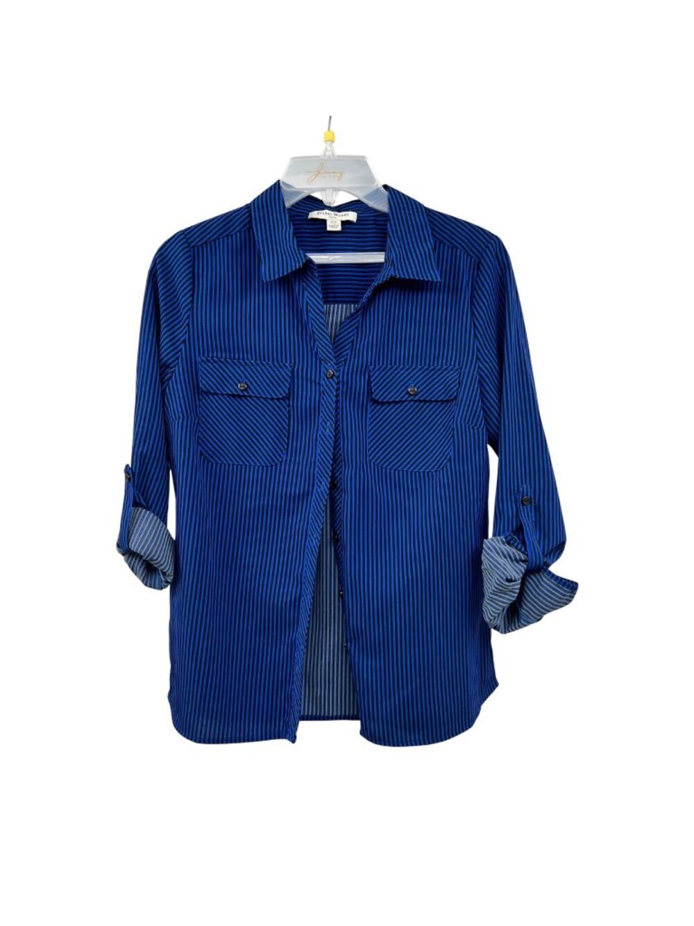 Studio Works Womens Striped Button Up Top Roll Tab Sleeve Blue/Black Size PM